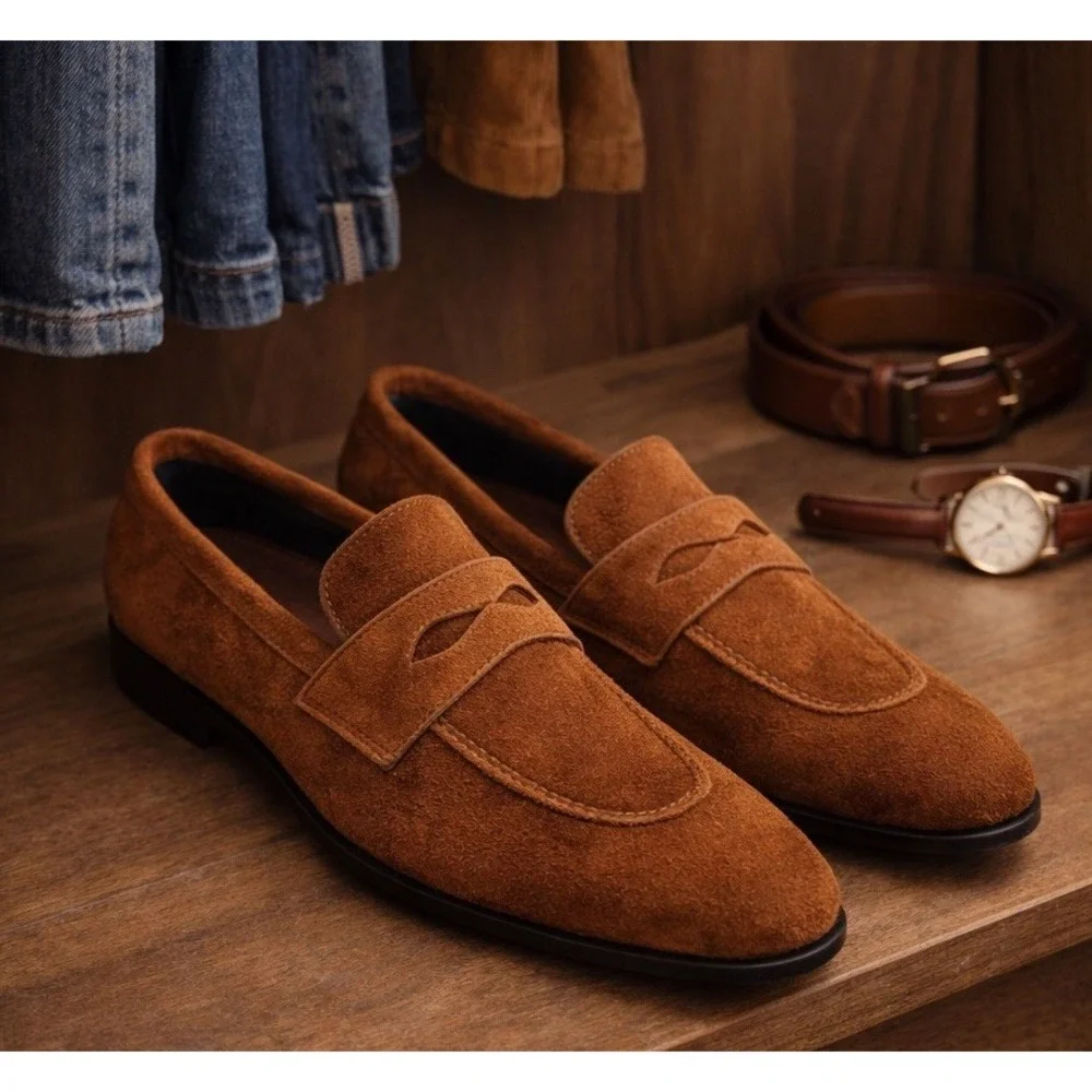 VTG Italian Suede Penny Loafers Mens 43 US 10 Brown Shaggy Handmade Nardi